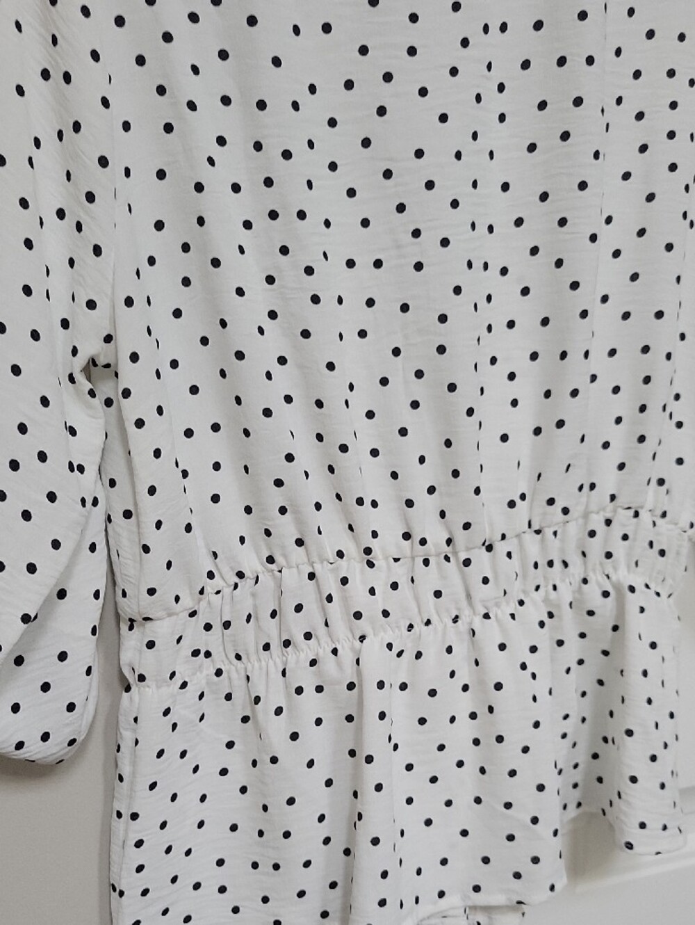 Polka Dot Drawstring Waist Blouse - White/Black - Picture 4 of 6